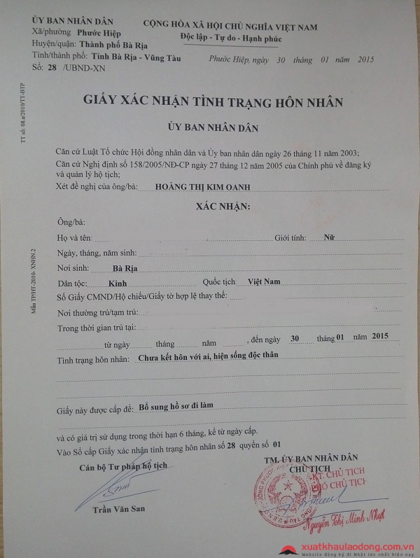 Giấy xác nhận tình trạng hôn nhân