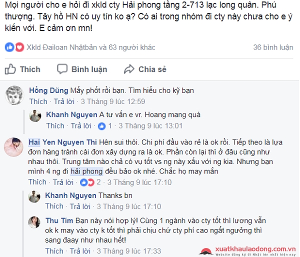 bình luận đánh giá về công ty Hải Phong - công ty XKLĐ Nhật Bản tại Hà Nội